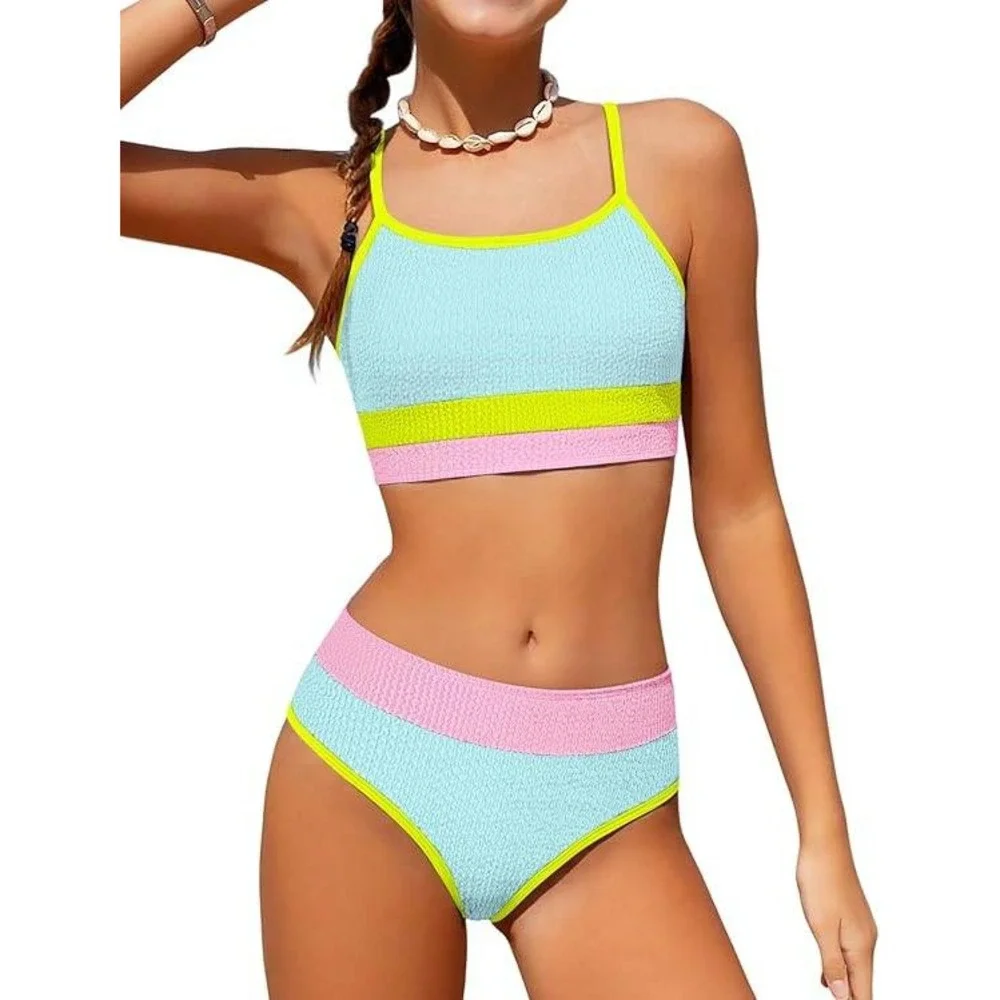 Girls Color Block Textured Bikini Set Blue Pink Neon Yellow Size 11-12Y NWOT